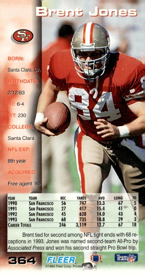 1994 GameDay #364 Brent Jones - Image 2 of 2