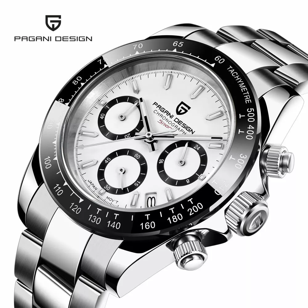 40mm PAGANI DESIGN White Dial Full Chronograph VK63 Quartz Men's Wrist  Watch