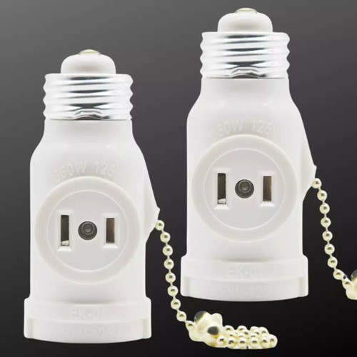 2 Outlet Light Socket Adapter with Pull Chain Switch White Medium Screw 2 Pack - Picture 2 of 3