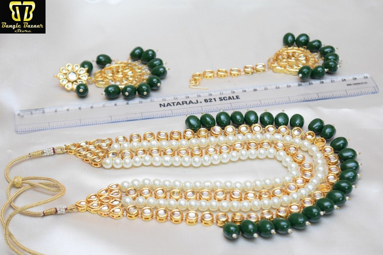 Indian Bollywood Kundan Bridal Jewelry Green Necklace Earring Maang Tikka