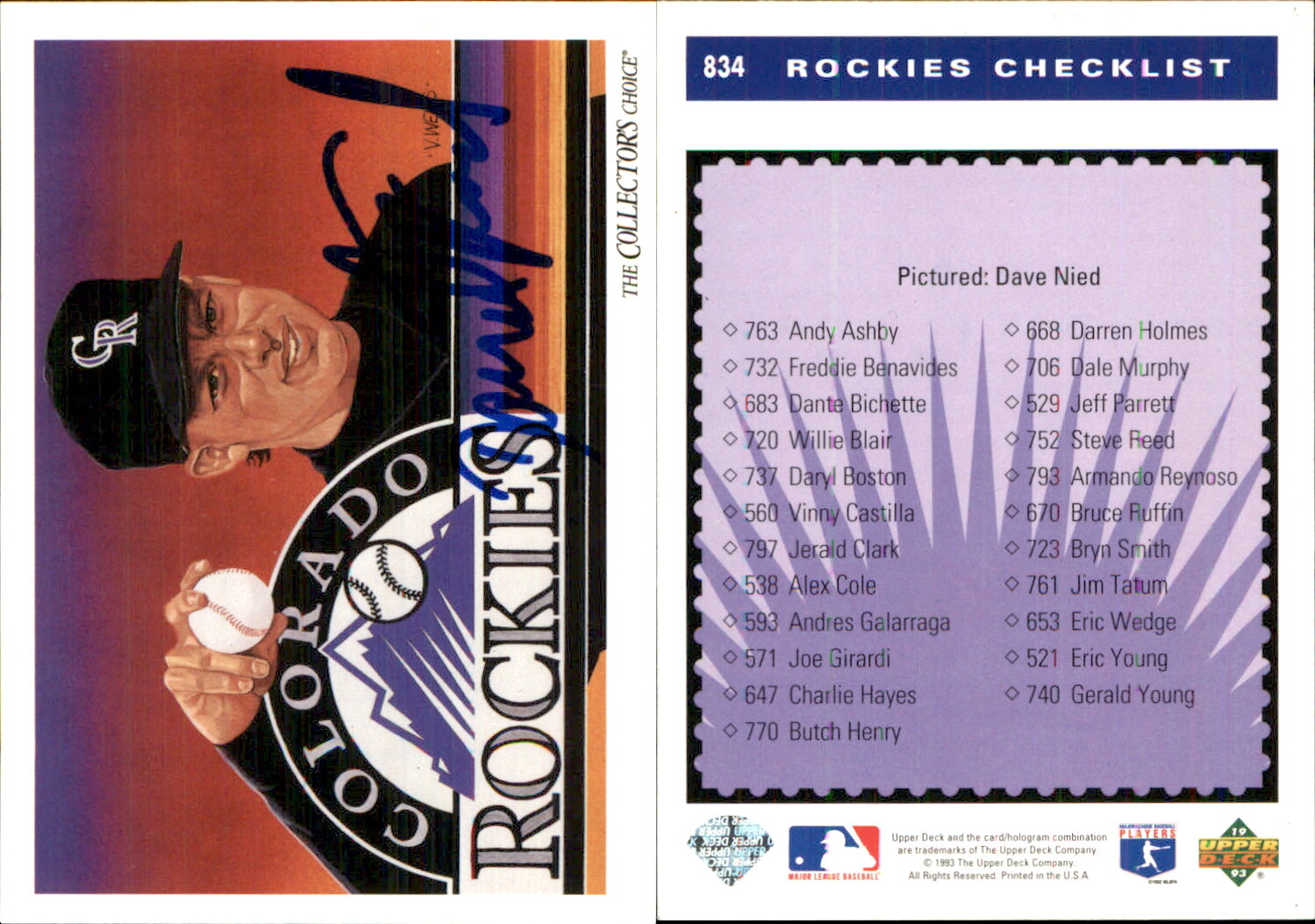 Dave Nied Signed 1993 Upper Deck Colorado Rockies #834  Colorado Rockies Auto AU