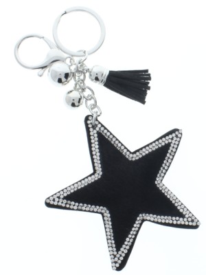 Rhinestone Bling Black Star Pillow Puff Faux Fur Accents Key Chain Fob Phone