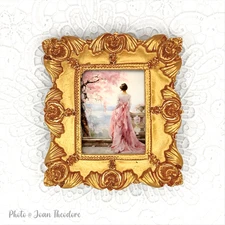 Woman in Pink Dress on Balcony Mini Art Print in Gold Vintage Style Ornate Frame