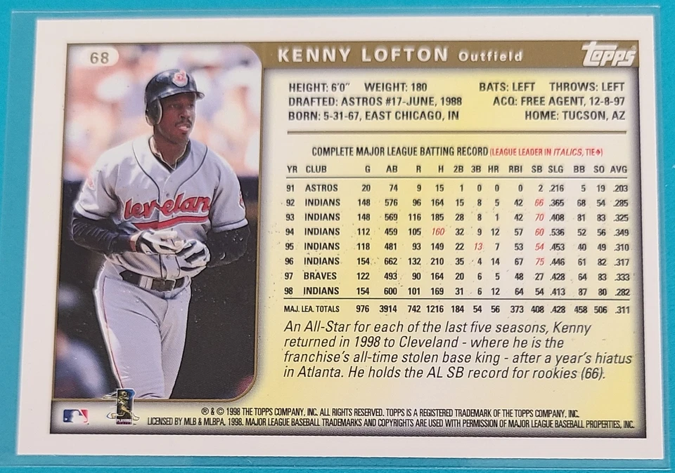 1999 Topps #68 Kenny Lofton Cleveland Indians BASEBALL Card N7 - Image 2 of 2