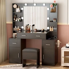 Vanity Desk with Lighted Mirror & Power Outlet, Makeup Table with Stool & Drawer