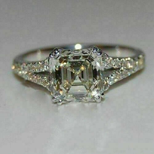 2Ct Asscher Cut Real Moissanite Diamond Engagement Ring 14K White Gold Plated