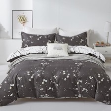 Floral Duvet Cover Set Queen, Dark Grey 3 Pieces Flower Plum Blossom Printed ...