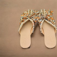 Floral Print Bow Pearl Beaded Sandals