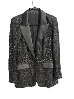Express M Black Sequin Bling Lapel Boyfriend Tuxedo Blazer Jacket Satin Trim