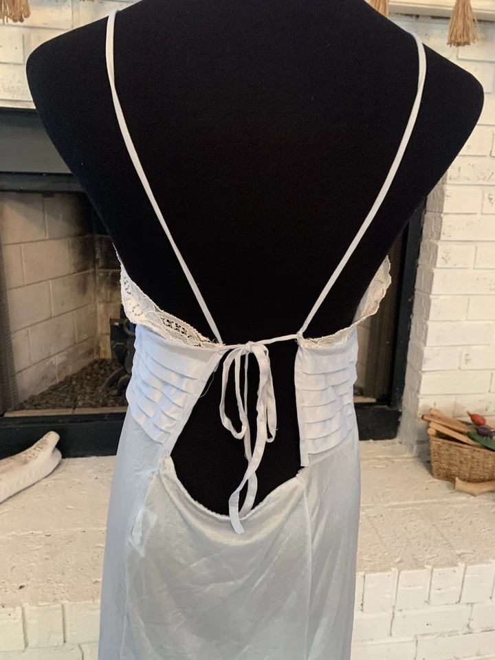 Vestido Camisón Largo Vintage Paramount New York Azul Nylon Blanco Encaje Talla M Foto 4 de 4