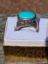 Large Sterling Silver Sz 7.5 Turquoise Navajo Ring With Multicolor Stones