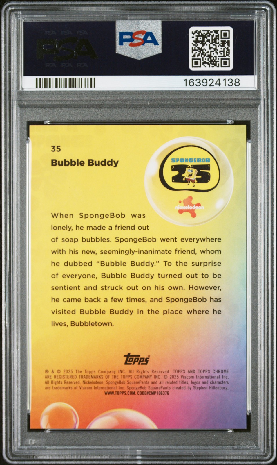 2025 TOPPS CHROME SPONGEBOB 25TH ANNIVERSARY #35 BUBBLE BUDDY 13/50 PSA 9 view 2