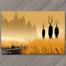 Art Print Tall Grass Creepers Three Figures With Antlers Glowing Eyes Stare Into
