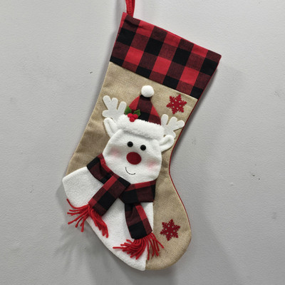 18'' Snowman Christmas Stocking 3D Scarf Hat Burlap Red Black Buffalo Check