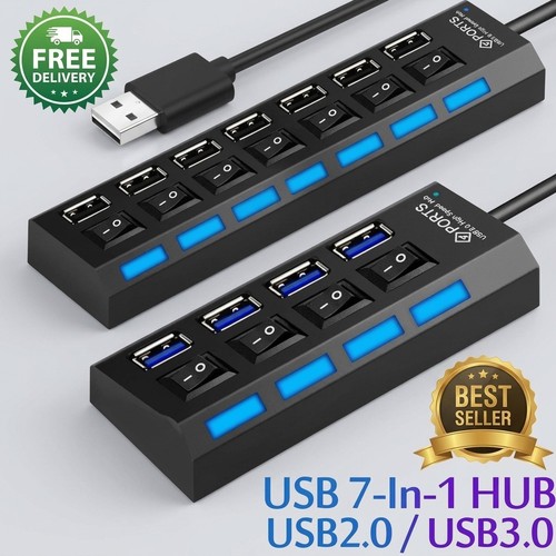 USB Hub 7 Port High Speed USB 2.0 Multi Splitter Adapter for PC Laptop Desktop