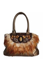 BOLSO DE MANO SHARIF BRONCE ORO PLUMA CRISTAL ADORNADO CUERO - NUEVO SIN ETIQUETAS