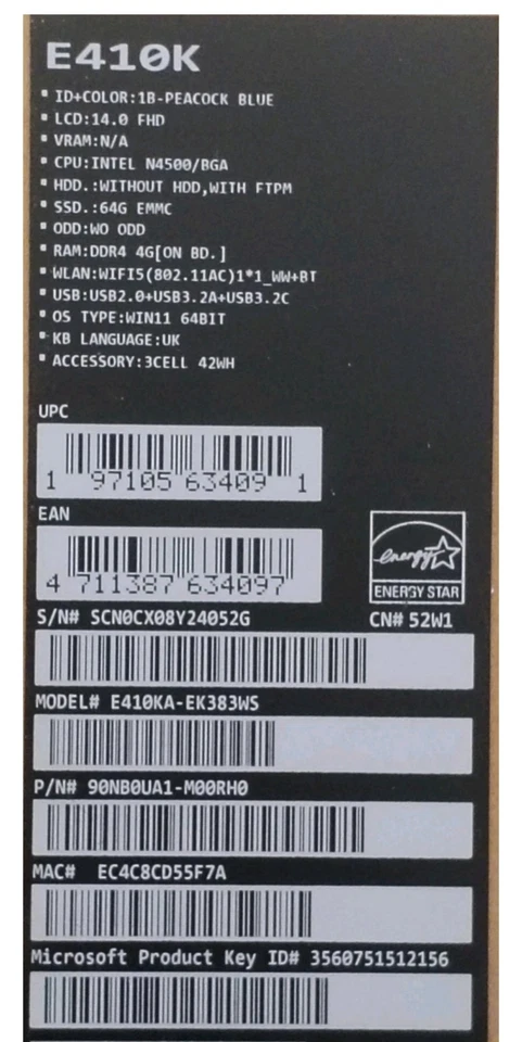 ASUS Vivobook E410K 14" FHD Win 11 Laptop 4GB RAM 64GB EMMC Intel Celeron N4500 - Image 4 of 4