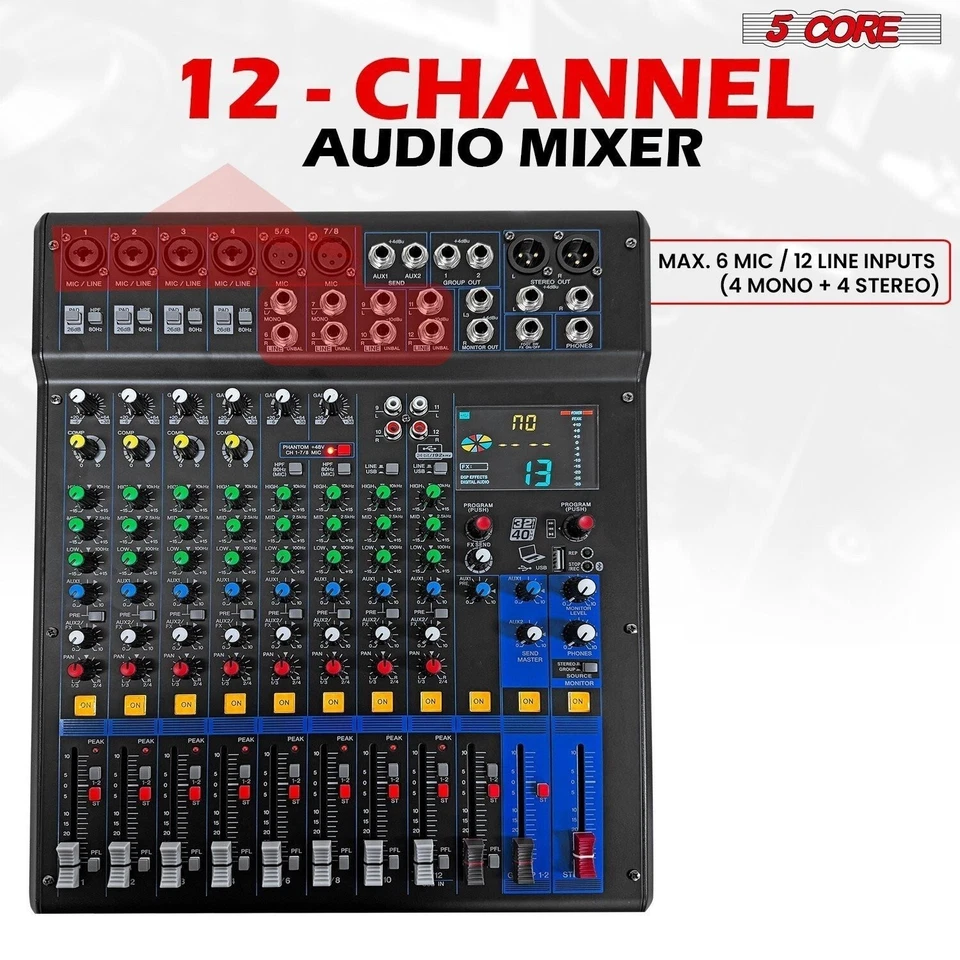 5Core Audio Mixer 12 Channel DJ Soundboard USB Interface Bluetooth XLR Console - Image 2 of 4