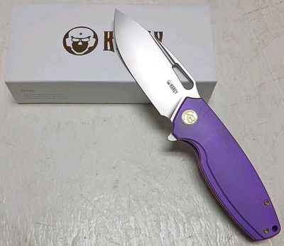 New Kubey Tityus Flipper Knife Purple Contoured Titanium 3.39'' 14C28N Drop Point