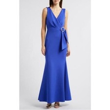 Eliza J Surplice V-neck Sleeveless Mermaid Gown in Cobalt scuba size 4 NWT