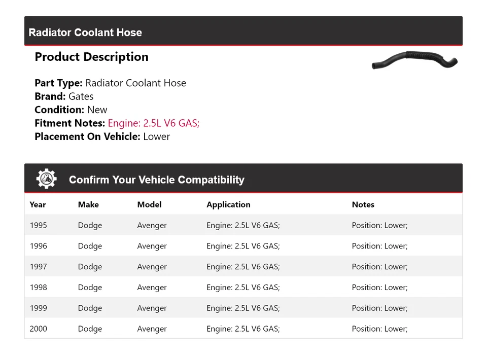 For 1995-2000 Dodge Avenger 2.5L V6 GAS Radiator Coolant Hose Lower Gates 1996 - Image 2 of 4