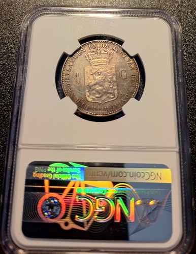 1908 Netherlands 1 Gulden Silver Coin - Wilhelmina - NGC AU Details - Picture 4 of 4