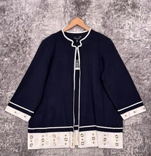 Ming Wang Jacket 2X Womens Navy Blue Piped Gold Grommet Open Front