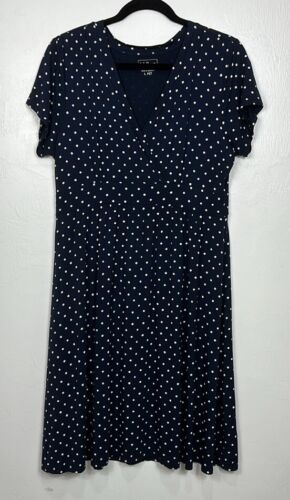 L. L. Bean Navy Blue Polka Dot Short Sleeve V-neck Midi Dress Size LP