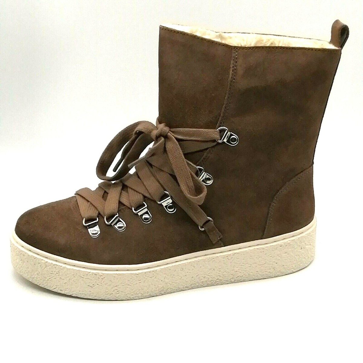 J/Slides Womens Bolt Platform Ankle Boot Taupe Pull On Laces Fur Lined M  NEW