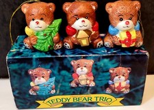 Porcelain Teddy Bear Trio Christmas Ornaments Glazed 1982 Collectible