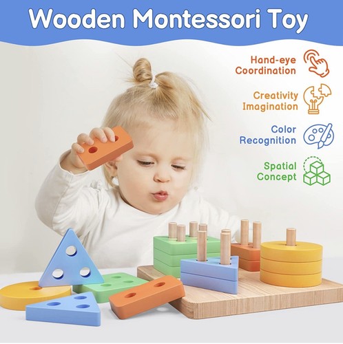 Montessori Toys for 1 to 3-Year-Old Boys Girls Toddlers, Wooden Sorting & Stacki - Picture 4 of 6
