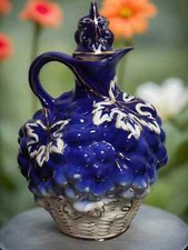 Soviet Porcelain Decanter Jug Grapes Cobalt Gold 1950 USSR Vintage Belarus Minsk