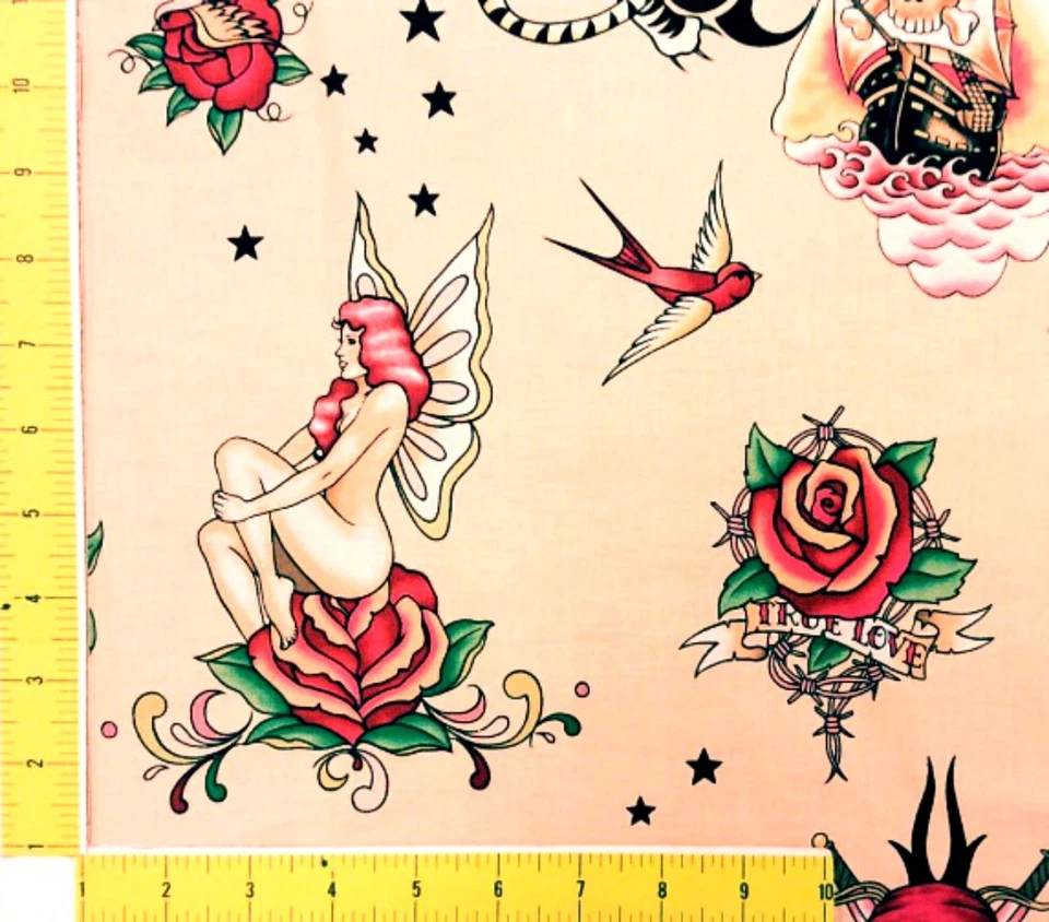 AH295 Piel Tatuajes Profundos Calaveras Dados de Tigre Vicio Rosa COOL Popelina Tela de Algodón Foto 2 de 2