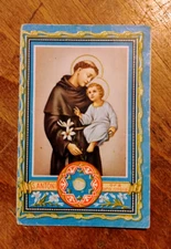 ANTIQUE SAINT HOLY THISTLE RELIC CANVAS SAINT ANTONIO OF PADUA PRAYER 1940