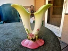 HULL ART PORCELAIN #W15-8 1/2" WOODLAND PINK GREEN GLOSSY DOUBLE CORNUCOPIA VASE