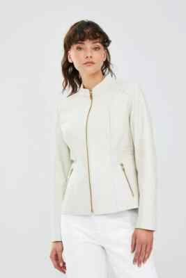 Off White Leather Womens Jacket Stylish Golden Zipper Handmade Lambskin Jacket