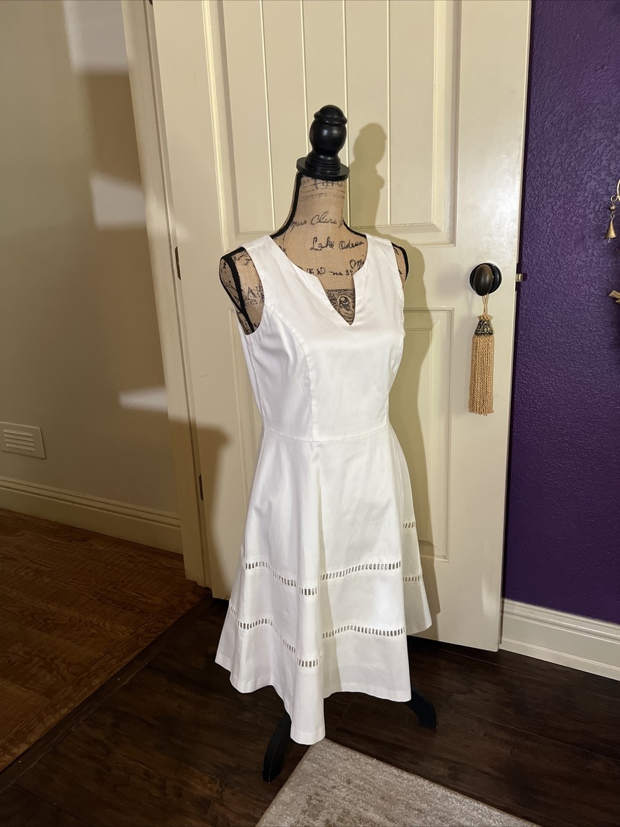 Nine West Ivory Cotton Dress Fit Flare Zip BacK Sleeveless Hem Cut Out 34  38 | eBay