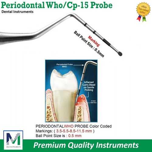 Dental Periodontal Probes UNC-15, WHO Ball Ended BPE Probe Markings Color Coated - Picture 5 of 5
