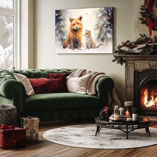 Cute Christmas Fox Family Painting Print on Framed Canvas Wall Art | Animals - Picture 7 of 10