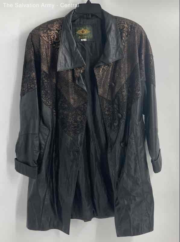 Vintage Avanti Womens Black Brown Abstract Leather Button Front Coat Size Medium