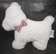 Terrier Dog Shaped Holiday Throw Pillow "Off White" Faux Fur w/ Red Bowtie 15x16