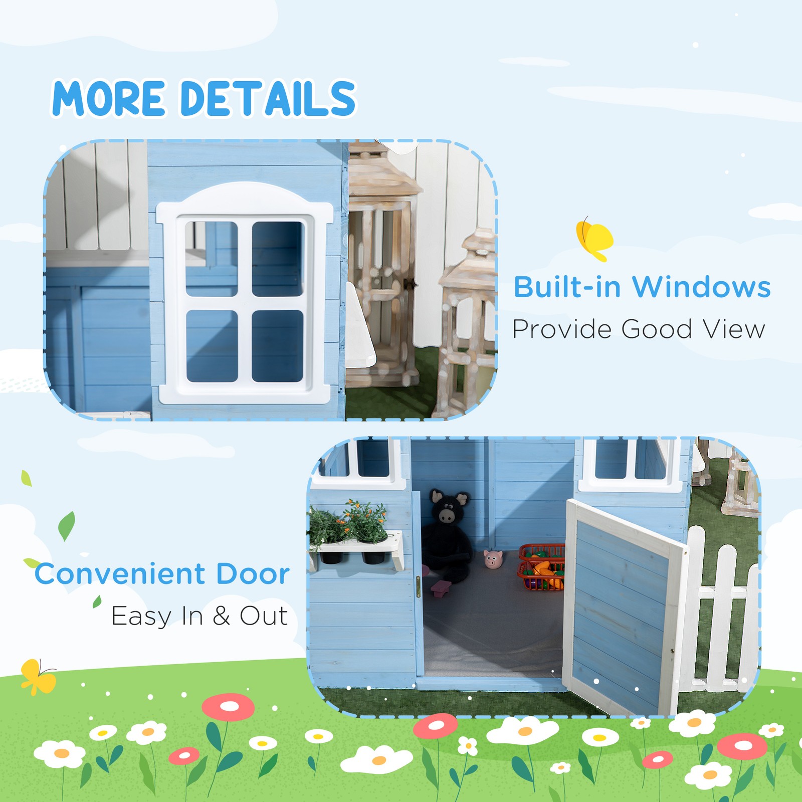 Wooden Playhouse for Kids Outdoor with Flower Pot Holders, Blue