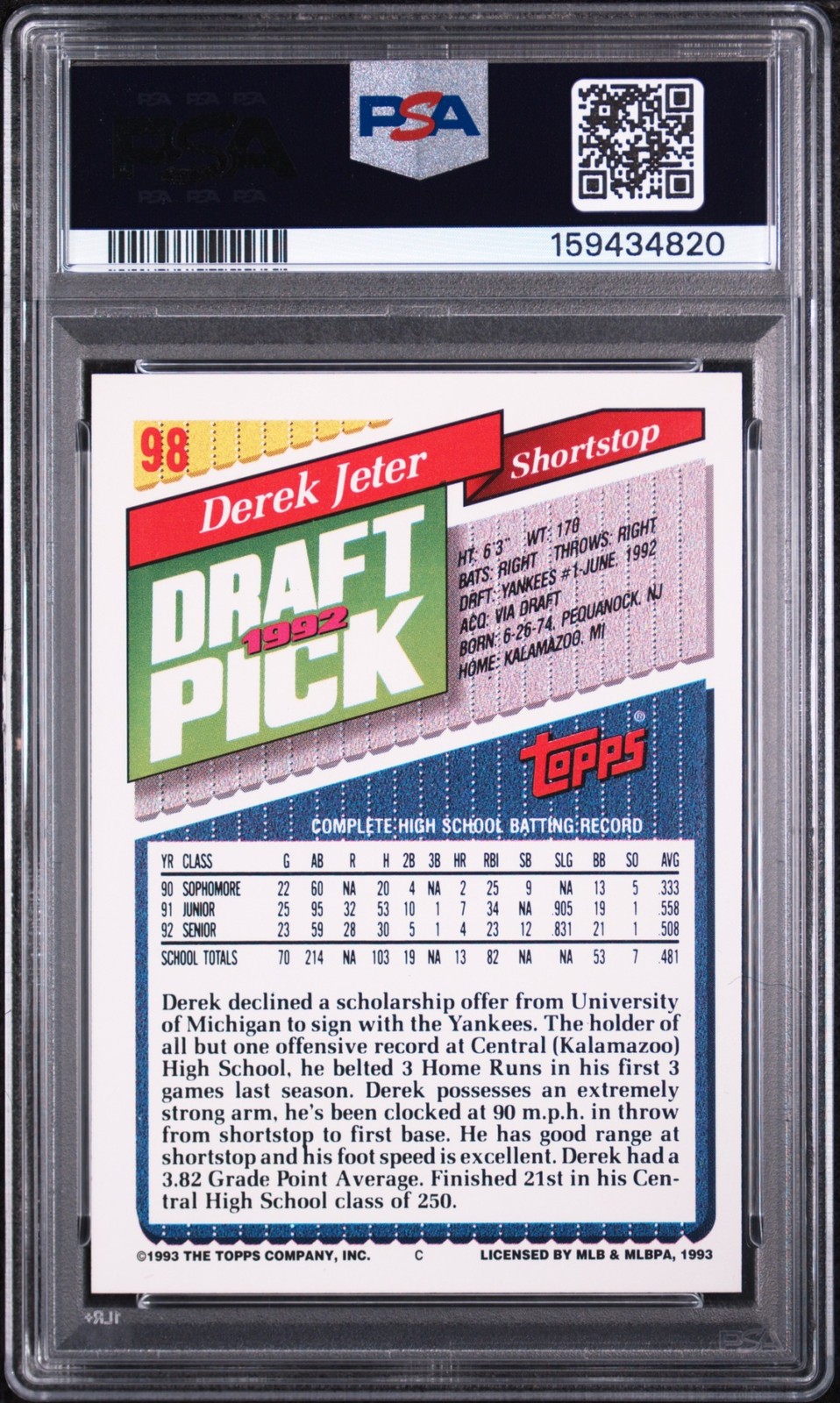 DEREK JETER PSA 7 1993 TOPPS BASEBALL #98 ROOKIE RC YANKEES 4820 view 2