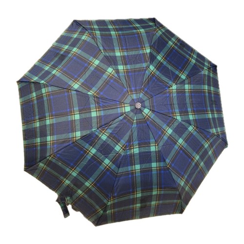 Fulton Vtg Umbrella Plaid Blue Green Wood Handle Wrist Strap Rare 