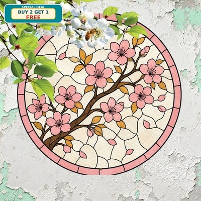 Cherry Blossom Tree Stained Glass Mosaic Segmented Border Circle Metal Plaque