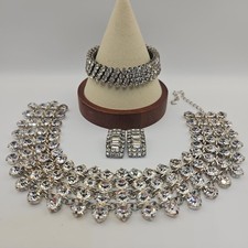 Statement Chunky Rhinestone Necklace, Clip Earrings and Bracelet Set Vtg Mod