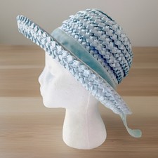 Vintage Women s Breton Kettle Hat Straw Woven Blue Velvet Trim Church Cottage