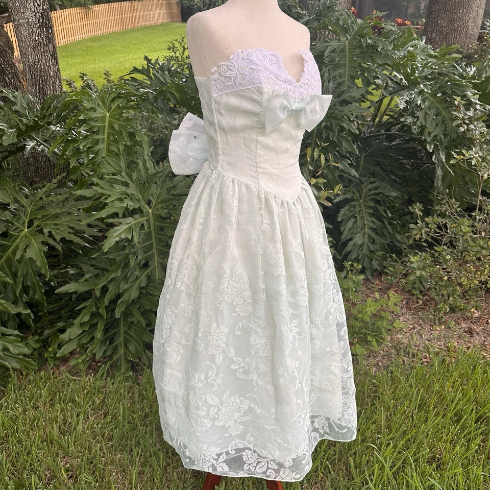 Vestido DE COLECCIÓN Scott McClintock 6 Lazos Floral Azul Encaje Sin Tirantes Baile de graduación Foto 4 de 4