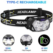 Head Torch Rechargeable LED 2000LM Super Bright Waterproof Headlamp Work Light,