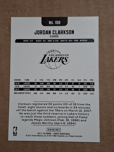 2017-18 JORDAN CLARKSON NBA HOOPS LIGHT BLUE CARD #109 LA LAKERS UTAH JAZZ CAVS - Picture 2 of 2